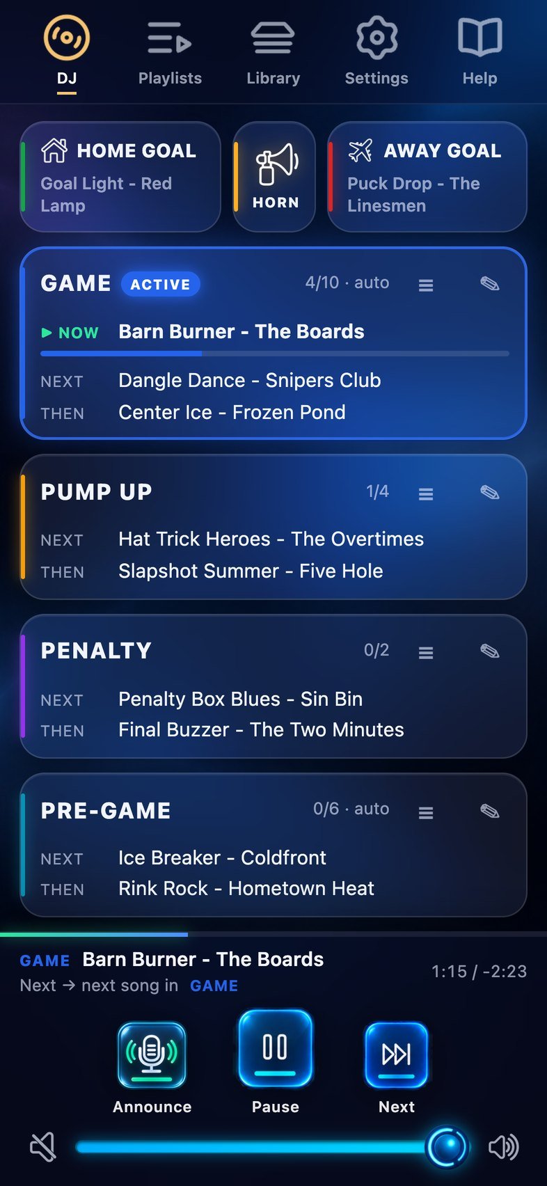 DJ screen with goal buttons, horn, and playlist cards