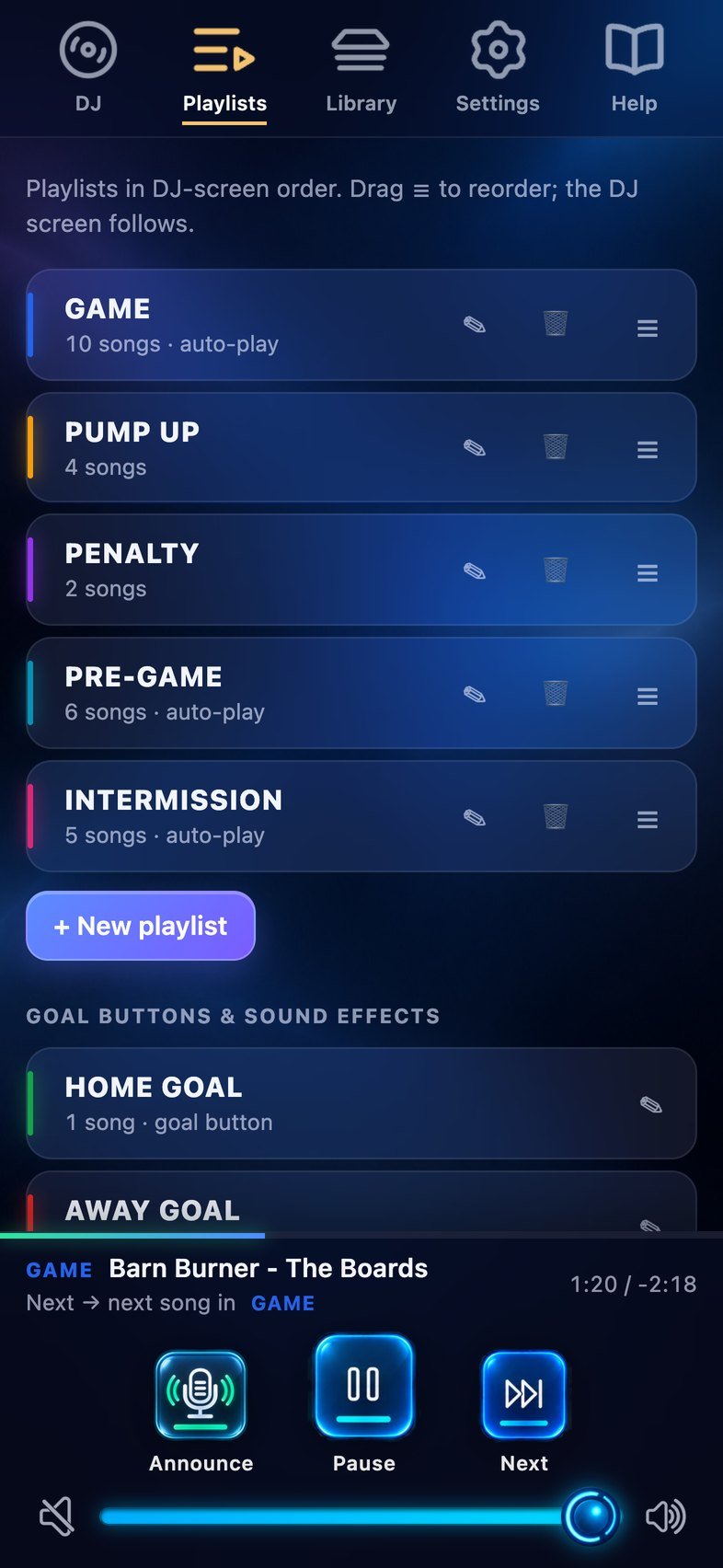 Playlists screen listing Game, Pump Up, Penalty, Pre-Game and Intermission