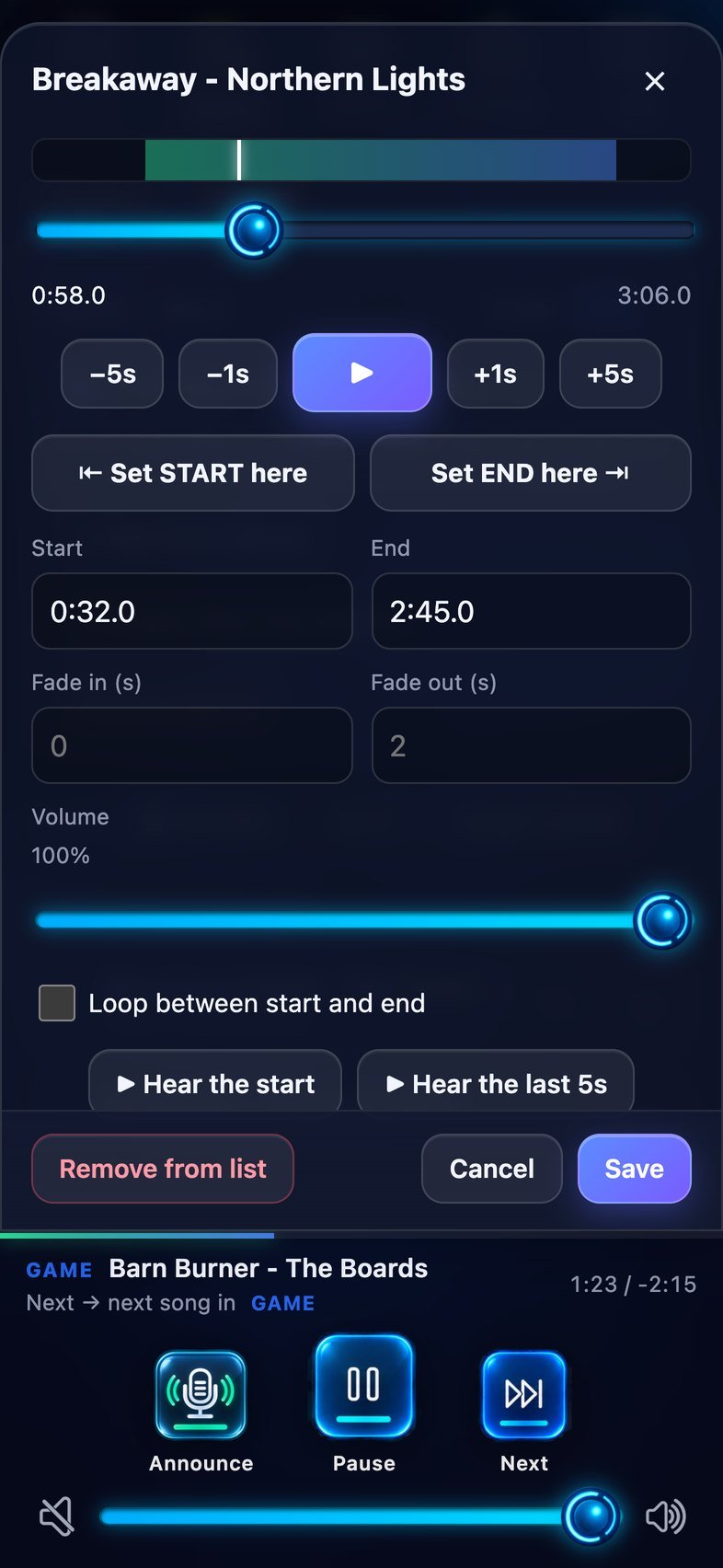 Song editor with start and end points